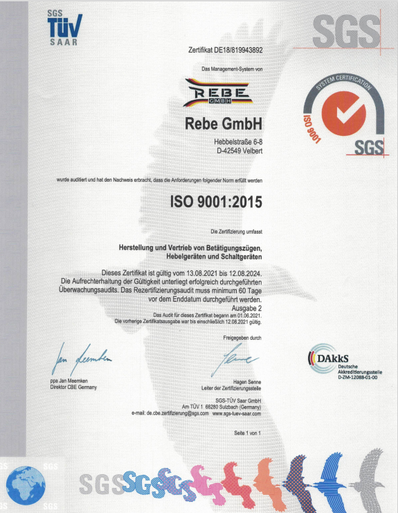 REBE GmbH ISO Zertifikat 2021 für die Herstellung und Vertrieb für Bowdenzüge